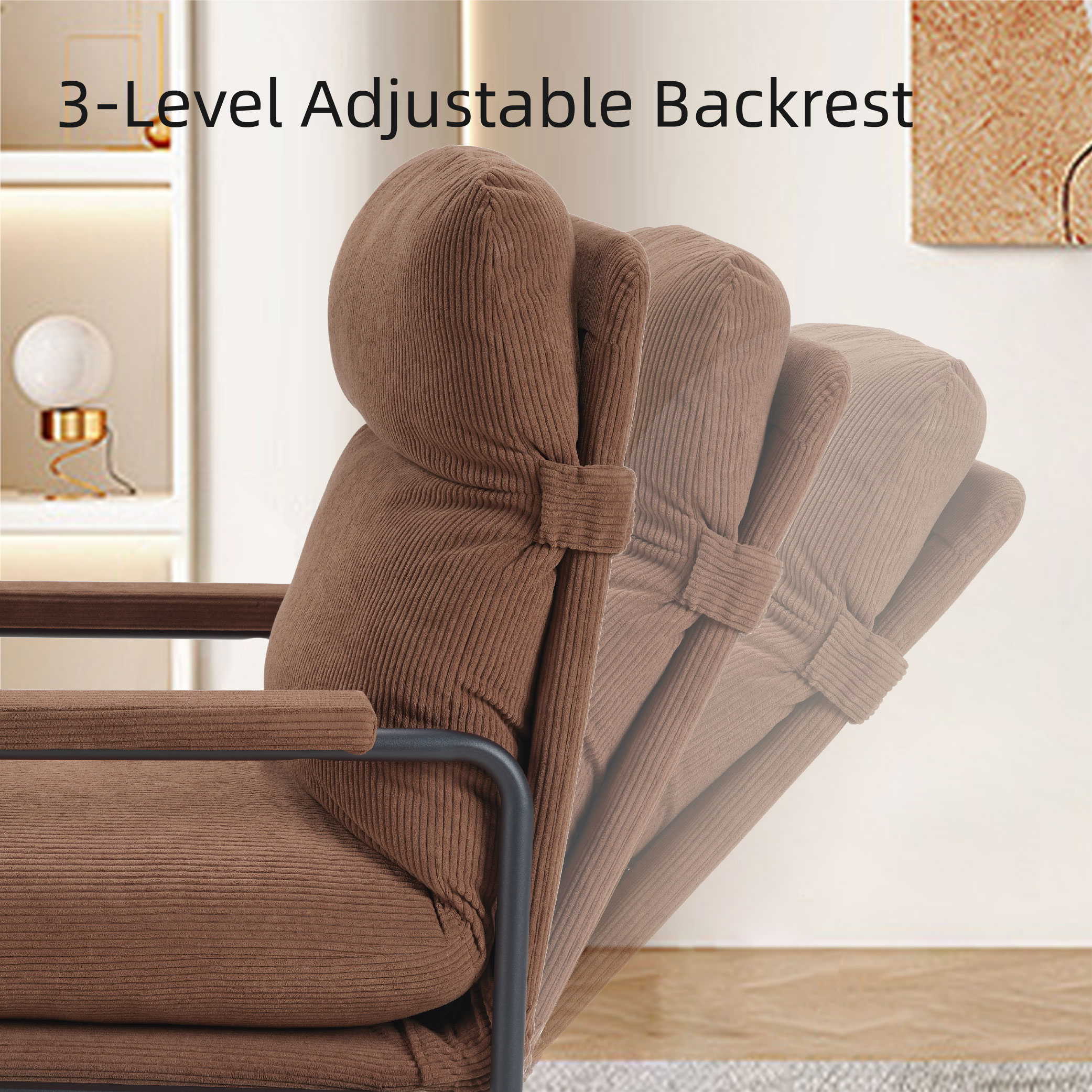 Modern Accent Chair, Reclining Chair With Adjustable Backrest, Corduroy Chair With Metal Frame, Reading Chair, Comfy Lounge Chair For Living Room, Bedroom, Office, Brown_voghion.com